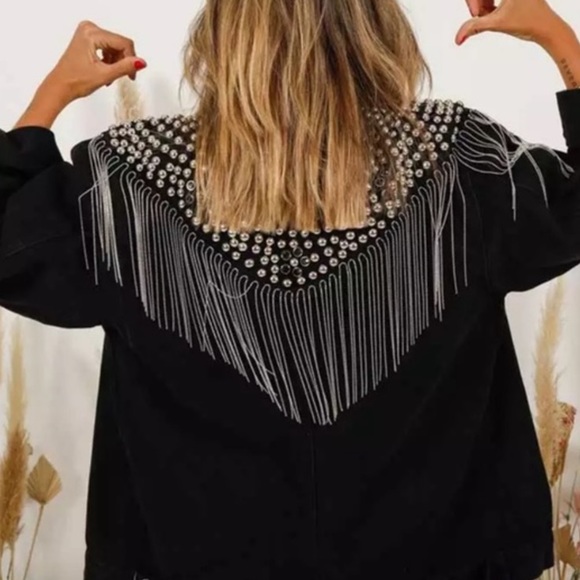 Jackets & Blazers - SOLD OUT Black Oversized Studded Chain Fringe Denim Jacket